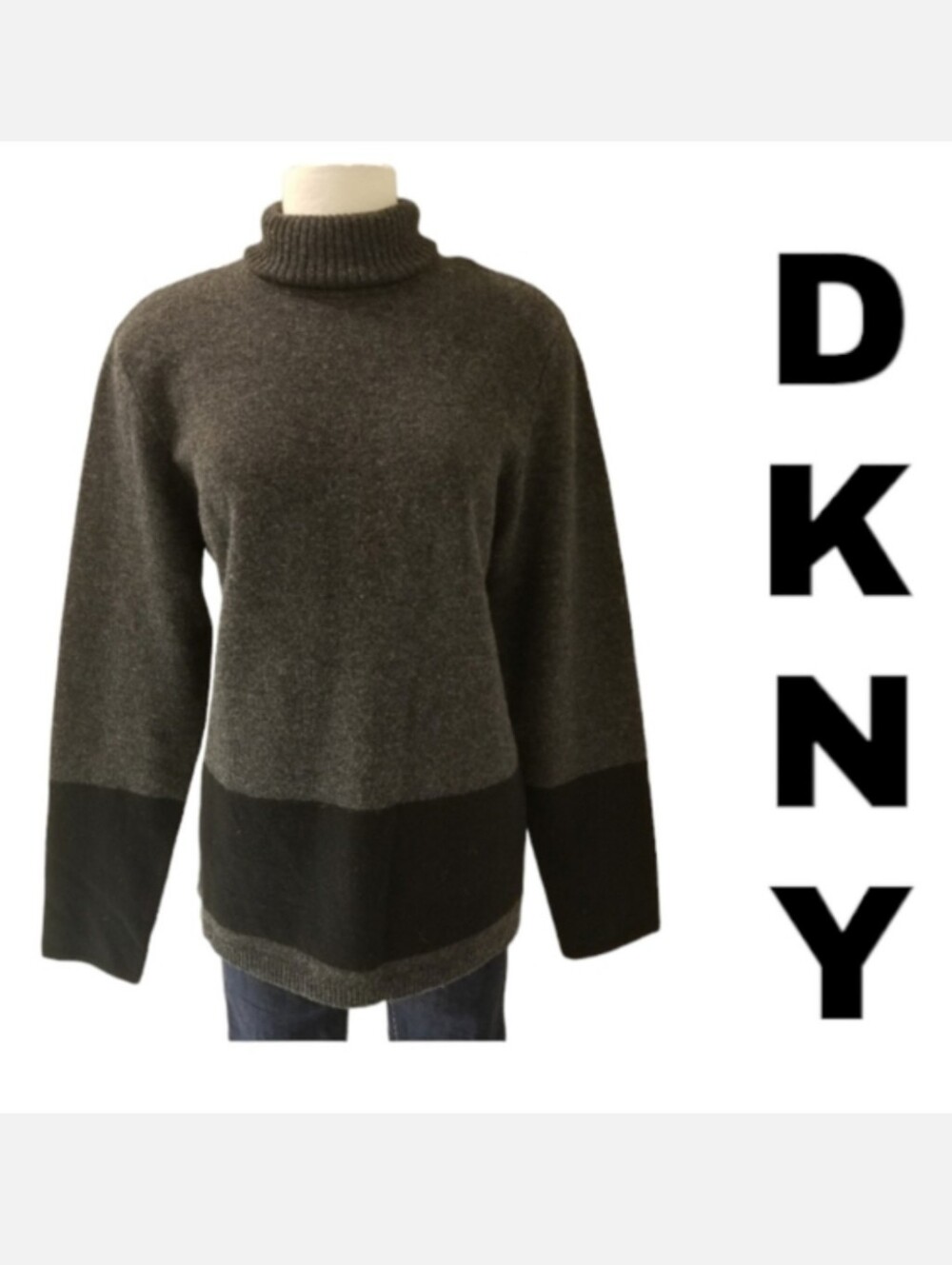 DKNY Wool Turtleneck Tunic Sweater Black/Gray Sz M